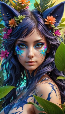 1girl,solo,long hair,breasts,looking at viewer,bangs,black hair,hair ornament,animal ears,bare shoulders,brown eyes,medium breasts,closed mouth,blue hair,yellow eyes,upper body,flower,nude,artist name,signature,hair flower,lips,fox ears,eyelashes,makeup,leaf,facial mark,plant,lipstick,portrait,close-up,eyeshadow,pink lips,nose,eyeliner,facepaint,bodypaint,orange flower,mascara,freckles