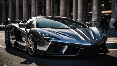 outdoors,multiple boys,solo focus,artist name,blurry,no humans,shadow,ground vehicle,motor vehicle,car,road,vehicle focus,street,sports car,people,from side,wheel