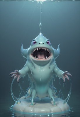 solo,looking at viewer,open mouth,purple eyes,full body,horns,teeth,tongue,water,pokemon (creature),no humans,fangs,sharp teeth,reflection,standing,artist name,signature,colored skin,watermark,outstretched arms,web address,bubble,underwater,realistic,dripping