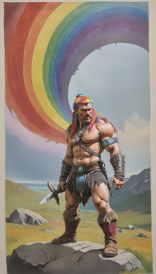 solo,long hair,1boy,navel,holding,jewelry,nipples,standing,full body,weapon,male focus,thighs,red hair,multicolored hair,boots,outdoors,sky,day,pointy ears,sword,cloud,stomach,holding weapon,orange hair,muscular,headband,facial hair,thick thighs,abs,sandals,grass,knife,pectorals,muscular male,bara,beard,large pectorals,bulge,topless male,rock,mature male,dagger,manly,rainbow,loincloth,blue eyes,blue hair,braid,earrings,necklace,tattoo,feathers