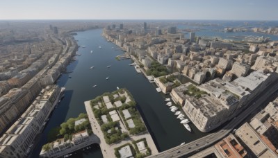 outdoors,sky,day,water,tree,no humans,bird,ocean,from above,building,scenery,city,horizon,cityscape,watercraft,ruins,river,skyscraper,boat,landscape,aircraft,road,ship