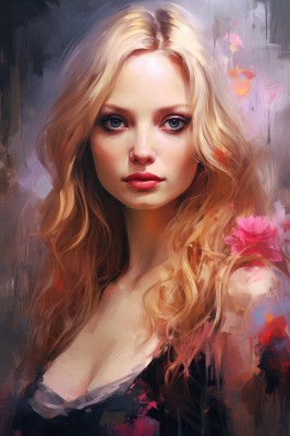 1girl,solo,long hair,breasts,looking at viewer,blue eyes,blonde hair,cleavage,bare shoulders,medium breasts,upper body,flower,lips,grey eyes,makeup,wavy hair,lipstick,realistic,nose,red lips,large breasts,parted lips,hair flower,eyelashes