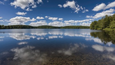 outdoors,sky,day,cloud,water,tree,blue sky,no humans,cloudy sky,grass,nature,scenery,forest,reflection,mountain,river,landscape,lake,reflective water,ocean,horizon