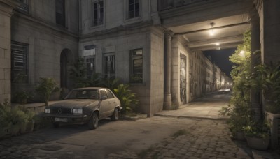 outdoors,sky,tree,no humans,window,night,plant,ground vehicle,building,scenery,motor vehicle,door,car,potted plant,light,road,bush,vehicle focus,lamppost,street