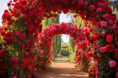 solo,flower,outdoors,sky,day,signature,tree,petals,no humans,shadow,rose,sunlight,plant,red flower,nature,scenery,red rose,road,bush,rose petals,path,blue sky,grass,pink flower,forest,vines,garden