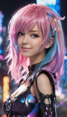 1girl,solo,long hair,breasts,looking at viewer,smile,bangs,blue eyes,hair ornament,cleavage,medium breasts,blue hair,upper body,pink hair,multicolored hair,medium hair,blurry,from side,two-tone hair,lips,grey eyes,clothing cutout,makeup,depth of field,blurry background,cleavage cutout,science fiction,realistic,nose,cyberpunk,bare shoulders,closed mouth,armor,eyelashes,piercing