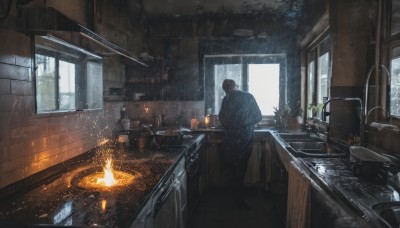 solo,short hair,brown hair,black hair,1boy,standing,male focus,indoors,from behind,cup,window,chair,table,fire,plant,scenery,rain,door,facing away,potted plant,candle,kitchen,sink,burning,stove,fireplace,tiles,light