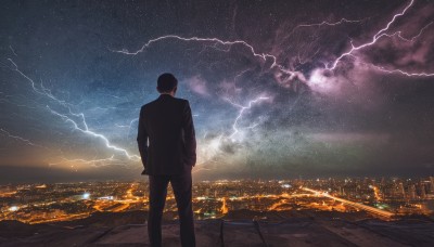 solo,short hair,black hair,1boy,standing,jacket,male focus,outdoors,sky,pants,cloud,from behind,night,formal,suit,building,star (sky),night sky,scenery,starry sky,city,hands in pockets,cityscape,lightning,city lights,ocean,cloudy sky,horizon,facing away,dark