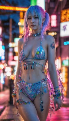 1girl,solo,breasts,looking at viewer,bangs,blue eyes,navel,bare shoulders,twintails,jewelry,medium breasts,closed mouth,blue hair,standing,swimsuit,pink hair,bikini,multicolored hair,cowboy shot,earrings,outdoors,choker,medium hair,blurry,collar,bracelet,two-tone hair,lips,tattoo,gradient hair,blurry background,breasts apart,blue bikini,realistic,long hair,collarbone,sidelocks,small breasts,parted lips,artist name,necklace,nail polish,night,depth of field,watermark,piercing,ring,short twintails,gem,beads,arms at sides,arm tattoo,neon lights