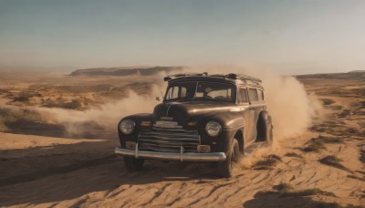 outdoors,sky,day,blue sky,no humans,ground vehicle,scenery,motor vehicle,sand,car,road,vehicle focus,desert,dust,truck,smoke,sports car,dust cloud