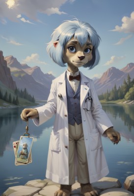 1girl,solo,looking at viewer,smile,short hair,blue eyes,1boy,bow,holding,animal ears,blue hair,standing,full body,male focus,outdoors,sky,glasses,day,pointy ears,pants,cloud,bowtie,water,vest,red bow,tree,blue sky,nature,claws,furry,reflection,lantern,mountain,furry female,labcoat,sun,furry male,river,lake,bangs,shirt,long sleeves,closed mouth,tail,white shirt,white hair,grey hair,barefoot,collared shirt,artist name,signature,coat,buttons,watermark,sunlight,thick eyebrows,blue shirt,red bowtie,forest,key,blue vest,body fur,grey pants,animal nose,monocle,mountainous horizon,pince-nez