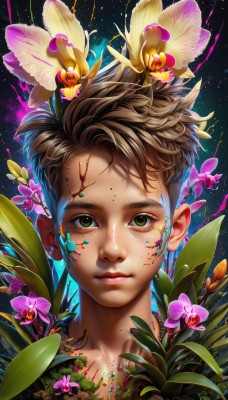 solo,looking at viewer,short hair,brown hair,1boy,brown eyes,closed mouth,green eyes,flower,male focus,lips,eyelashes,blood,leaf,plant,portrait,pink flower,freckles,realistic,nose,jewelry,necklace,watermark,facial mark,web address,surreal