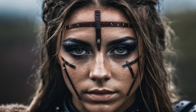 1girl,solo,long hair,looking at viewer,brown hair,closed mouth,green eyes,braid,blurry,lips,eyelashes,makeup,depth of field,blurry background,facial mark,portrait,close-up,freckles,realistic,nose,facepaint,1boy,male focus,goggles,headset