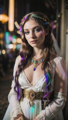 1girl,solo,long hair,breasts,looking at viewer,blue eyes,brown hair,black hair,hair ornament,long sleeves,dress,cleavage,jewelry,medium breasts,closed mouth,upper body,purple hair,multicolored hair,earrings,detached sleeves,necklace,nail polish,white dress,blurry,lips,see-through,makeup,depth of field,blurry background,wavy hair,own hands together,tiara,gem,veil,breasts apart,realistic,nose,bokeh,blue gemstone,green gemstone,braid,parted lips,eyeshadow