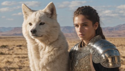 1girl,solo,long hair,looking at viewer,brown hair,black hair,brown eyes,upper body,braid,outdoors,parted lips,sky,day,cloud,armor,blurry,blue sky,lips,blurry background,animal,shoulder armor,pauldrons,dog,breastplate,realistic,nose,desert,signature,wolf