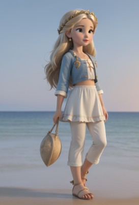 1girl,solo,long hair,blue eyes,skirt,blonde hair,shirt,long sleeves,holding,brown eyes,jewelry,closed mouth,standing,collarbone,jacket,full body,earrings,outdoors,parted lips,open clothes,sky,day,midriff,pants,water,necklace,bag,blurry,flat chest,open jacket,blue sky,lips,crop top,looking to the side,grey eyes,blurry background,ocean,beach,sandals,white skirt,blue shirt,blue jacket,cropped jacket,walking,handbag,white pants,sand,anklet,horizon,holding bag,capri pants,denim jacket,smile,brown hair,white shirt,toes