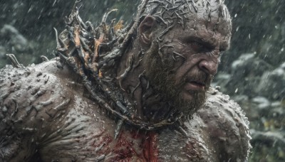 solo,looking at viewer,1boy,upper body,weapon,male focus,outdoors,multiple boys,sword,armor,blurry,blood,facial hair,helmet,shoulder armor,beard,snow,rain,snowing,realistic,closed mouth,dark skin,from side,blurry background,chain,scar,dark-skinned male,mustache,manly