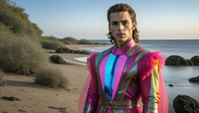 HQ,1girl,solo,looking at viewer,brown hair,1boy,brown eyes,closed mouth,upper body,male focus,outdoors,sky,day,belt,medium hair,water,cape,tree,lips,beach,expressionless,multicolored clothes,curly hair,rock,realistic,nose,animification,long sleeves,standing,blue sky,ocean,serious,sand