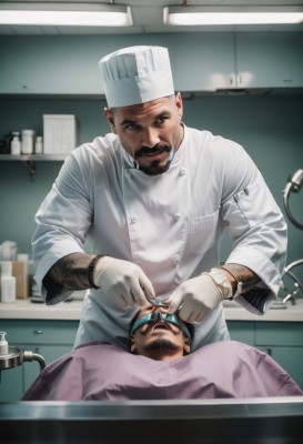 short hair,black hair,gloves,1boy,hat,male focus,multiple boys,indoors,white gloves,2boys,black eyes,bed,tattoo,buttons,facial hair,white headwear,sleeping,beard,mature male,realistic,mustache,chef hat,sink,chef,hospital bed,looking at viewer,smile,dark skin,muscular,pov,dark-skinned male,watch,goatee,wristwatch,nurse,stethoscope,doctor