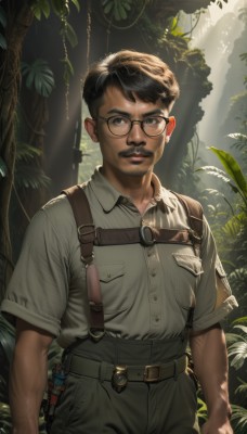 solo,looking at viewer,short hair,brown hair,shirt,black hair,1boy,brown eyes,standing,white shirt,short sleeves,male focus,cowboy shot,outdoors,parted lips,glasses,teeth,day,collared shirt,belt,pants,black eyes,tree,buttons,facial hair,leaf,sunlight,suspenders,plant,nature,grey shirt,beard,forest,black-framed eyewear,pocket,light rays,realistic,round eyewear,mustache,arms at sides,overalls,breast pocket,sunbeam,dappled sunlight,harness,closed mouth,muscular