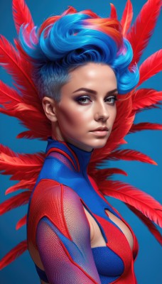 1girl,solo,breasts,looking at viewer,short hair,simple background,brown eyes,jewelry,medium breasts,closed mouth,blue hair,upper body,red hair,multicolored hair,earrings,small breasts,parted lips,from side,two-tone hair,lips,clothing cutout,eyelashes,bodysuit,makeup,blue background,feathers,eyeshadow,realistic,nose,eyeliner,red bodysuit,artist name,turtleneck,cleavage cutout,blue bodysuit