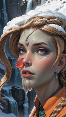 1girl,solo,long hair,looking at viewer,blue eyes,blonde hair,hat,jewelry,braid,earrings,parted lips,teeth,artist name,water,lips,eyelashes,single braid,makeup,gem,portrait,snow,freckles,snowing,realistic,nose,mushroom,winter,waterfall,brown hair,facial mark,strawberry,forehead jewel