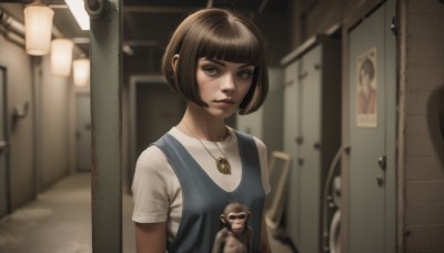 1girl,solo,breasts,looking at viewer,short hair,bangs,brown hair,shirt,brown eyes,jewelry,closed mouth,white shirt,upper body,short sleeves,small breasts,indoors,blunt bangs,necklace,blurry,vest,lips,depth of field,blurry background,sunglasses,bob cut,t-shirt,pendant,freckles,lantern,realistic,nose,door,poster (object),blue eyes,black hair,dress,parted lips,mole,messy hair,overalls,wall