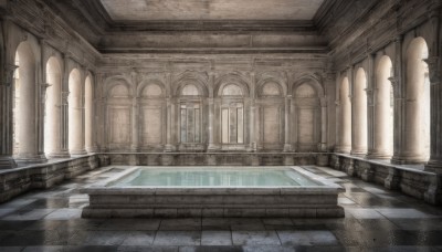 day,indoors,water,no humans,window,sunlight,scenery,reflection,light rays,stairs,door,architecture,pillar,hallway,church,arch,column,tiles,tile floor,ruins