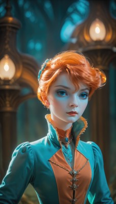 1girl,solo,looking at viewer,short hair,blue eyes,hair ornament,long sleeves,dress,jewelry,upper body,earrings,artist name,necklace,hair bun,orange hair,blurry,lips,eyelashes,makeup,blurry background,single hair bun,lipstick,brooch,gem,eyeshadow,freckles,red lips,hair up,updo,breasts,closed mouth,indoors,high collar