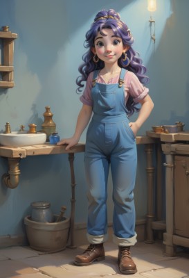 1girl,solo,long hair,looking at viewer,blush,smile,blue eyes,shirt,jewelry,closed mouth,standing,collarbone,full body,ponytail,purple hair,short sleeves,earrings,boots,shoes,indoors,black eyes,lips,hand on hip,shadow,wavy hair,brown footwear,table,high ponytail,curly hair,pink shirt,hoop earrings,lamp,overalls,black hair,hair ornament,denim,child,hand in pocket,striped shirt,female child,light bulb