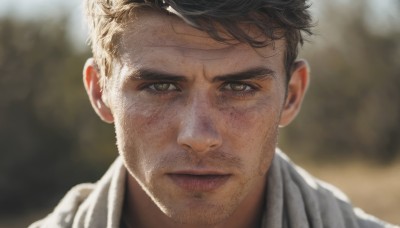 solo,looking at viewer,short hair,brown hair,black hair,1boy,brown eyes,closed mouth,white shirt,male focus,outdoors,blurry,lips,blurry background,facial hair,portrait,beard,close-up,realistic,stubble,straight-on,shirt,thick eyebrows,nose