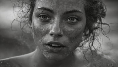 1girl,solo,short hair,monochrome,greyscale,parted lips,teeth,hair bun,blurry,lips,wet,looking to the side,eyelashes,floating hair,depth of field,blurry background,looking away,messy hair,portrait,close-up,realistic,nose,wet hair,looking at viewer,sweat,artist name,watermark,freckles,dirty,dirty face