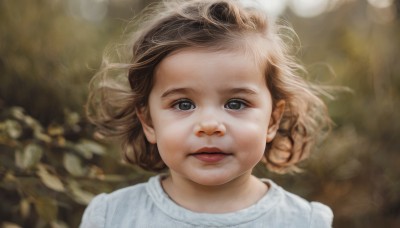 1girl,solo,looking at viewer,short hair,blue eyes,brown hair,shirt,closed mouth,white shirt,upper body,parted lips,blurry,lips,grey eyes,floating hair,depth of field,blurry background,wind,child,portrait,realistic,red lips,open mouth,eyelashes,makeup,leaf,female child,bokeh