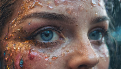 1girl, solo, blue eyes, lips, eyelashes, portrait, close-up, freckles, water drop, realistic, eye focus