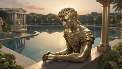 solo,1boy,jewelry,sitting,closed eyes,male focus,earrings,outdoors,sky,water,armor,bracelet,tree,crown,plant,building,scenery,reflection,sunset,palm tree,sun,pillar,statue,column,closed mouth,collarbone,cloud,sunlight,armlet,realistic,bush,egyptian,gold armor