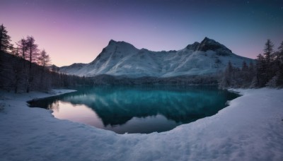 outdoors,sky,water,tree,no humans,night,star (sky),nature,night sky,scenery,snow,forest,starry sky,reflection,mountain,winter,bare tree,river,landscape,mountainous horizon,lake,gradient sky,reflective water,pine tree,sunset