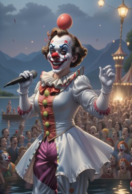 1girl,breasts,looking at viewer,smile,short hair,open mouth,multiple girls,brown hair,red eyes,gloves,long sleeves,dress,holding,brown eyes,medium breasts,standing,outdoors,multiple boys,sky,teeth,solo focus,puffy sleeves,white gloves,water,grin,makeup,mask,night,lipstick,genderswap,microphone,genderswap (mtf),wading,ball,6+boys,music,red lips,facepaint,holding microphone,singing,crowd,clown,solo,facial mark,curly hair