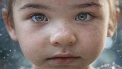 1girl, solo, looking at viewer, short hair, brown hair, brown eyes, jewelry, closed mouth, earrings, blurry, lips, eyelashes, portrait, close-up, freckles, realistic, eye focus