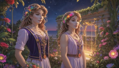 long hair,breasts,smile,multiple girls,blonde hair,brown hair,hair ornament,dress,2girls,cleavage,brown eyes,jewelry,closed mouth,standing,collarbone,flower,short sleeves,outdoors,sky,sleeveless,hair flower,water,necklace,white dress,vest,bracelet,lips,night,rose,siblings,leaf,wavy hair,cross,plant,sisters,red flower,star (sky),night sky,starry sky,twins,nose,head wreath,bangs,small breasts,parted lips,looking at another,tattoo,sleeveless dress,purple dress,pink flower,purple flower,vines,wreath,flower wreath,ivy