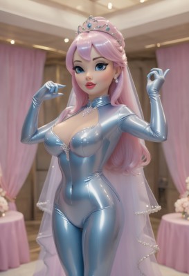 1girl,solo,long hair,breasts,looking at viewer,smile,bangs,blue eyes,large breasts,gloves,dress,cleavage,jewelry,medium breasts,standing,pink hair,earrings,parted lips,shiny,artist name,indoors,blurry,lips,hands up,bodysuit,covered navel,makeup,blurry background,tiara,crown,lipstick,curtains,veil,skin tight,zipper,shiny clothes,wedding dress,red lips,bridal veil,latex,latex bodysuit,blush,flower,see-through,clothing cutout,cleavage cutout,blue bodysuit