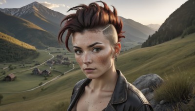 1girl,solo,breasts,looking at viewer,short hair,brown hair,brown eyes,jewelry,closed mouth,collarbone,jacket,upper body,red hair,multicolored hair,earrings,outdoors,sky,day,lips,grass,scenery,freckles,mountain,realistic,nose,leather,river,landscape,mountainous horizon,leather jacket,hill,tree,makeup,piercing,ground vehicle,motor vehicle,rock,undercut,dirty,mohawk