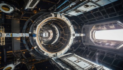 dutch angle,no humans,window,from above,building,scenery,machinery,science fiction,cable,space,spacecraft,floating,realistic,planet,concept art