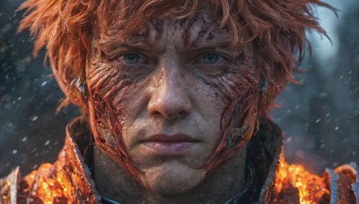 solo,looking at viewer,short hair,blonde hair,1boy,closed mouth,green eyes,male focus,orange hair,blurry,lips,blurry background,scar,portrait,scar on face,snow,close-up,science fiction,snowing,realistic,nose,straight-on,cyborg,bangs,brown hair,jewelry,jacket,earrings,outdoors,fire,wind,freckles