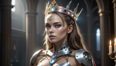 HQ,1girl,solo,long hair,breasts,looking at viewer,blue eyes,blonde hair,brown hair,jewelry,upper body,parted lips,artist name,indoors,armor,blurry,lips,blurry background,tiara,crown,shoulder armor,gem,portrait,science fiction,realistic,nose,candle,pillar