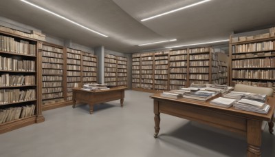 indoors,book,no humans,shadow,chair,table,scenery,desk,paper,bookshelf,shelf,book stack,library,ceiling