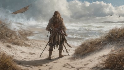 solo,long hair,gloves,1boy,holding,standing,weapon,male focus,boots,outdoors,sky,day,pants,sword,cloud,from behind,bird,ocean,beach,cloudy sky,grass,sheath,scenery,sheathed,mountain,sand,facing away,scabbard,desert,footprints,water,holding weapon,holding sword,katana,samurai