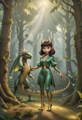 1girl,breasts,looking at viewer,smile,short hair,bangs,brown hair,black hair,holding,brown eyes,standing,tail,small breasts,outdoors,horns,day,pointy ears,blunt bangs,black eyes,high heels,tree,bodysuit,sandals,sunlight,bob cut,nature,claws,forest,dragon horns,dragon girl,light rays,fantasy,dragon,dragon tail,mushroom,solo,cleavage,medium breasts,full body,wings,medium hair,green bodysuit