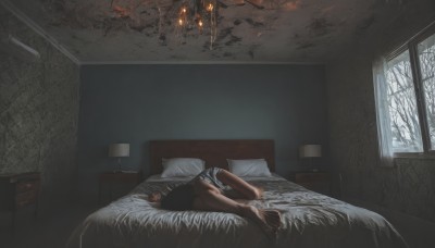 1girl,solo,short hair,shirt,underwear,panties,lying,shorts,barefoot,day,indoors,tree,pillow,window,bed,bed sheet,on bed,on side,sleeping,fire,scenery,blanket,lamp,bedroom,wide shot,bare tree,realistic,candle,wall