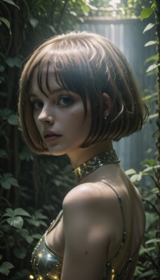 1girl,solo,breasts,looking at viewer,short hair,bangs,brown hair,bare shoulders,brown eyes,jewelry,upper body,earrings,small breasts,outdoors,parted lips,choker,looking back,artist name,mole,blurry,from side,lips,looking to the side,mole under eye,blurry background,leaf,sunlight,bob cut,plant,nature,freckles,realistic,nose,black hair,dress,medium breasts,sleeveless,day,wet,eyelashes,makeup,depth of field,forest