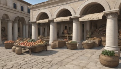 outdoors,food,day,no humans,window,fruit,building,scenery,door,basket,bread,pillar,arch,pavement,sky,english text,blue sky,plant,apple,architecture,vegetable,column,groceries